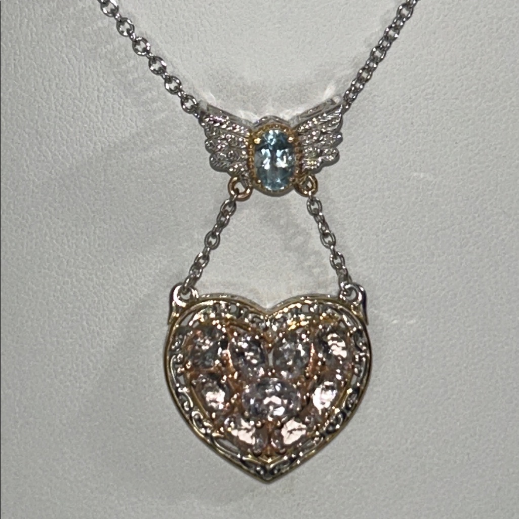 Nwot M Vallatutti Designer Morganite Blue Topaz Winged Heart Pendant Necklace